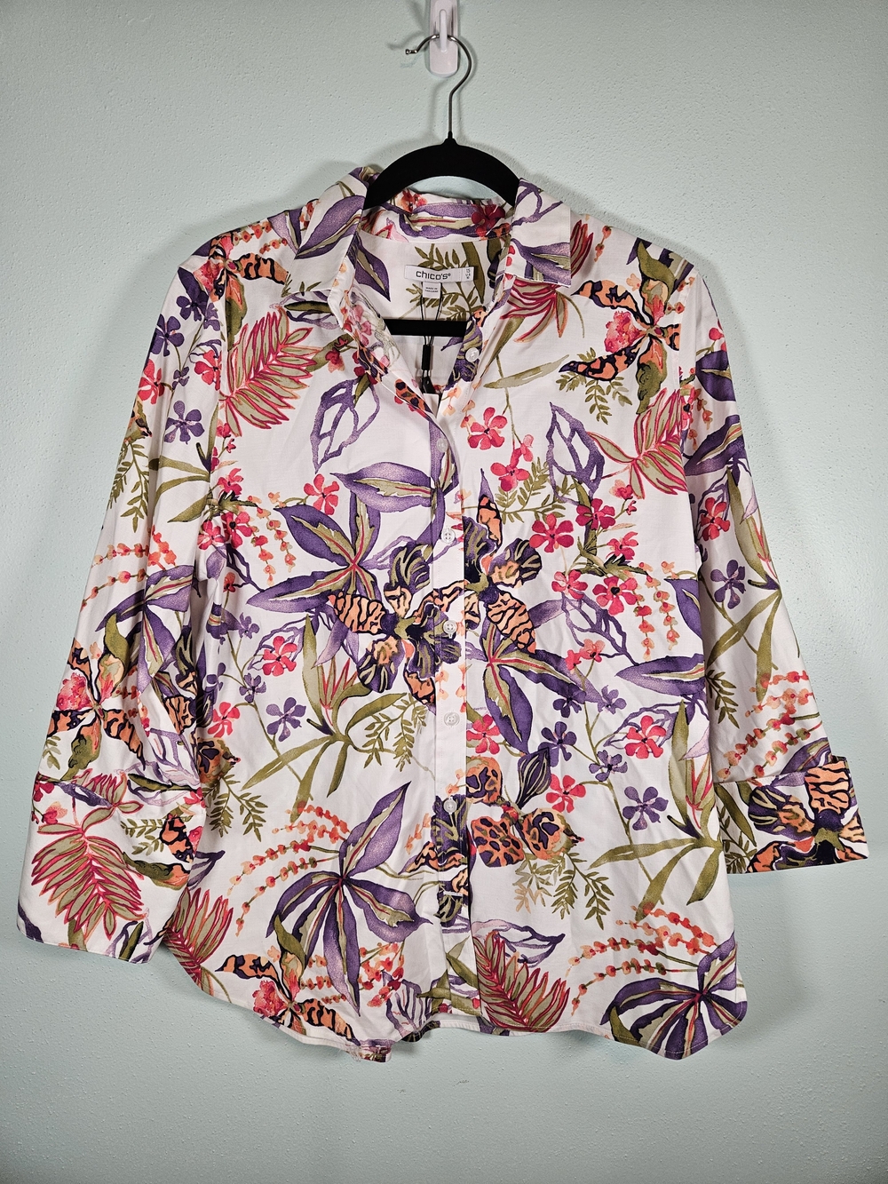 Chico's White Button-Down Shirt with Pink, Purple & Green Floral Print